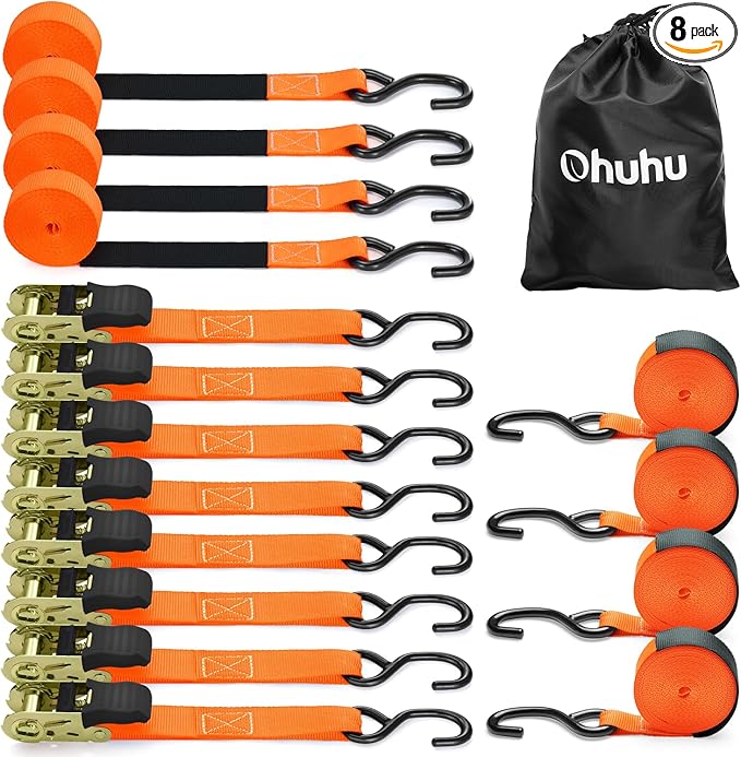 Ratchet Tie Down Strap 8-Pack 15 Ft - 500 lbs Load Cap with 1500 lbs Breaking Limit, Ohuhu Ratchet Tie Downs Logistic Cargo Straps for Moving Appliances, Motorcycle, Orange