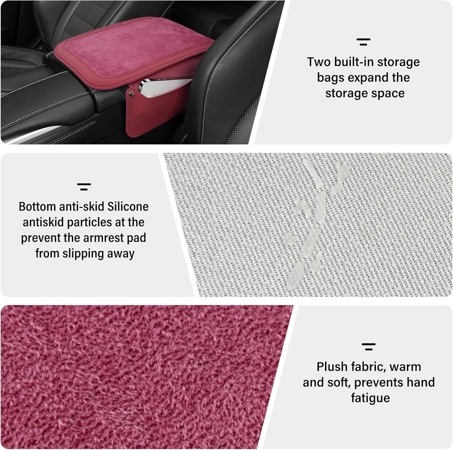 SINGARO Car Leather Center Console Cover with 2 Storage Bags, Universal Furry Fluffy Car Armrest Seat Box Pad, Comfortable Car Interior Accessories, Fits for Most Vehicles (Red)