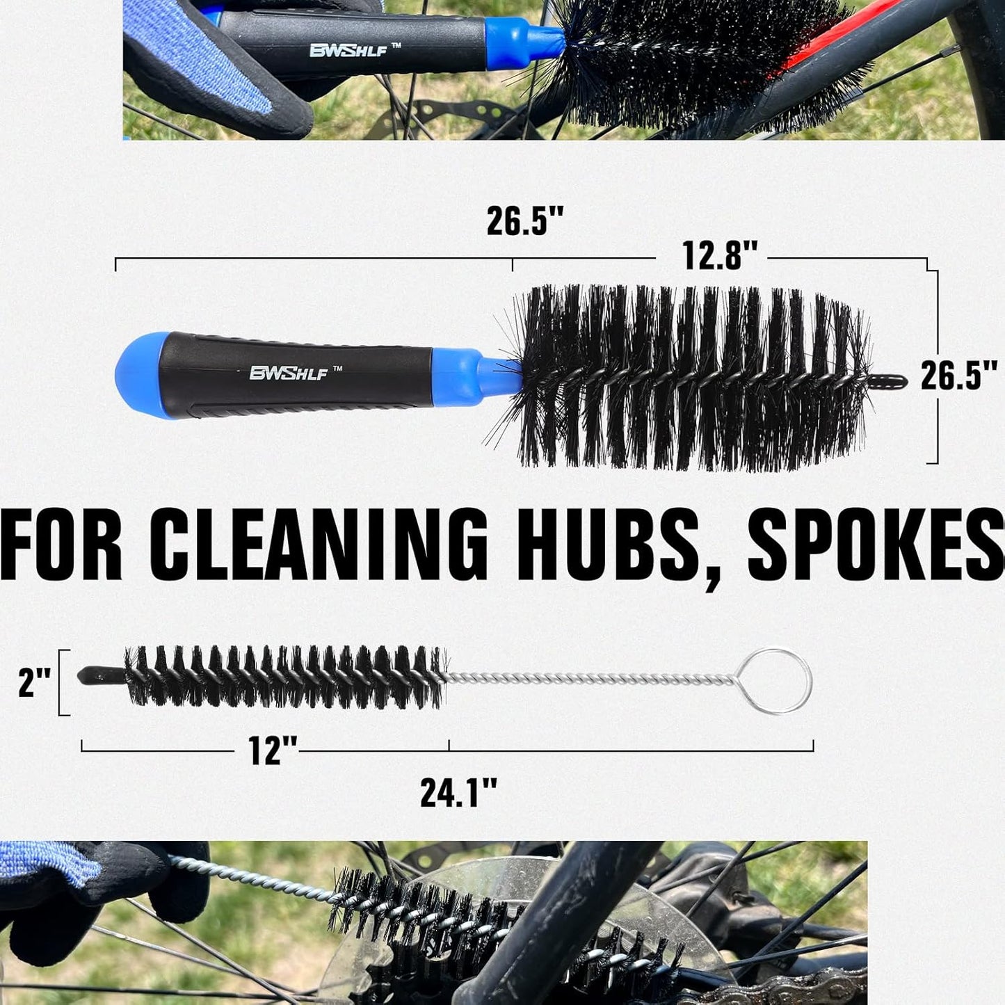BWSHLF Bike Cleaning Kit (6 Pcs) with 1 Storage Bag, 5 Brushes for Tires, Chain, Sprockets, Cranks, Hubs, and Spokes, 1 Cleaning Mitt for Frame, Saddle, Clean Tools for MTB/Road/BMX/E-Bike/Gravel Bike