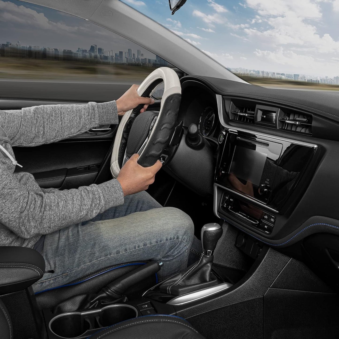 Motor Trend UltraSport White Carbon Fiber Steering Wheel Cover, Standard 15 inch Size, Black Faux Leather Comfort Grip, Car Steering Wheel Cover for Auto Truck Van SUV