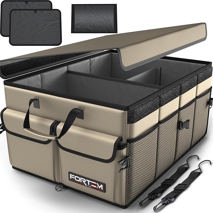 FORTEM Car Trunk Organizer, Collapsible Multi Compartment SUV Organizer, Foldable Storage for Car Accessories for Women Men, 600D Oxford, Non Slip Bottom, Securing Straps, Soft Cover (50L)