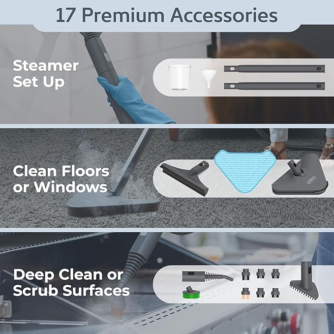 Pure Enrichment PureClean XL Rolling Steam Cleaner – Professional 1.5L Multi-Purpose Heavy Duty Steamer, 17 Accessories, Chemical-Free Deep Cleaning of Floors, Upholstery, Windows, Grout, Cars & More