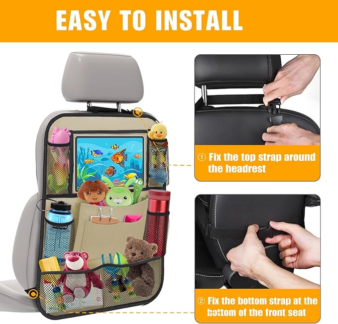 Car Backseat Organizer with 11" Table Holder, 10 Storage Pockets Seat Back Protectors Kick Mats for Kids Toddlers, Travel Accessories, 2 Pack, Beige