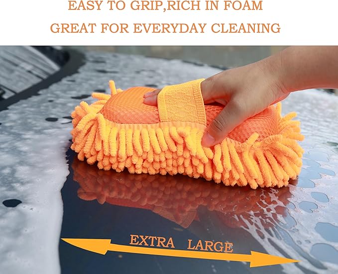 Microfiber Car Wash Sponge-Non-Scratch Wash Mitt-Two Sided Chenille Microfiber Washing Sponge-Mitt for Cars, Trucks, SUVs, Boats (2 Pack Orange)