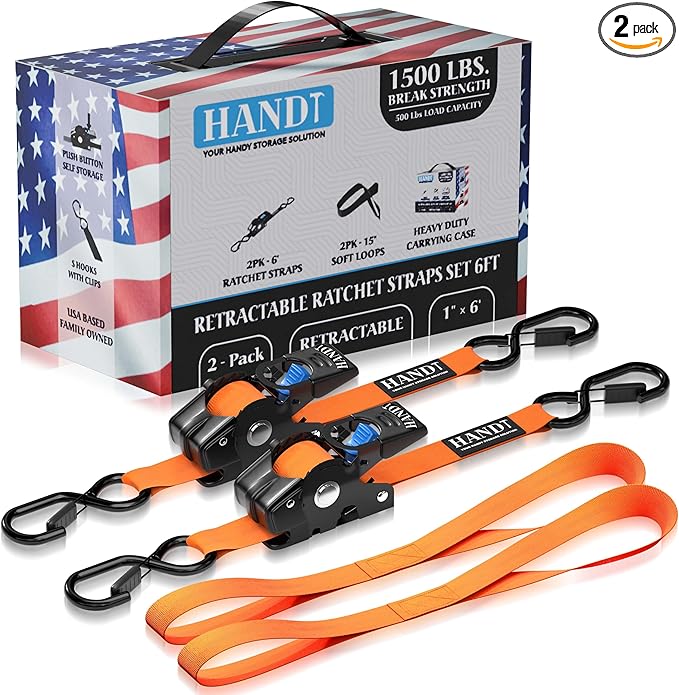 HandT USA Based Retractable Ratchet Straps (2PK) 1in x 6ft - 1,500lb Break Strength, Heavy Duty Automatic Ratchet Straps Self Retractable Tie Down, Push Button Retracting Truck Trailer Cargo | Orange