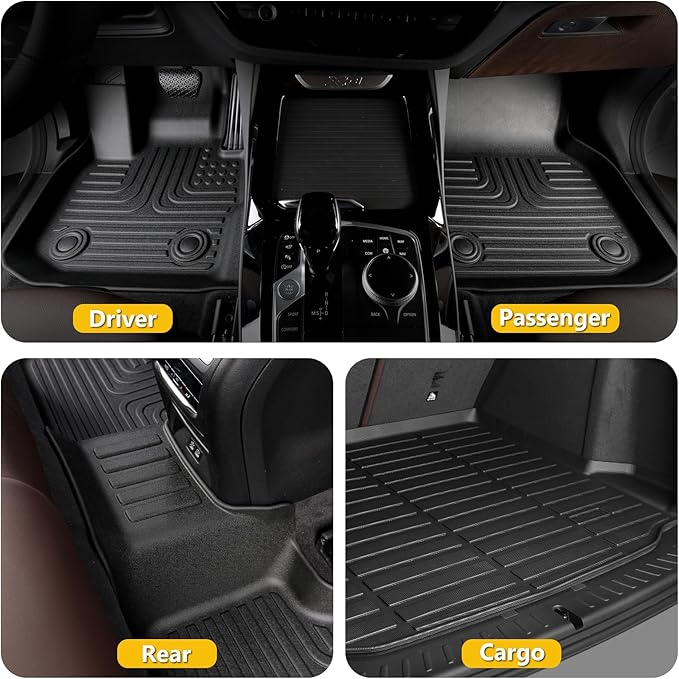 Floor Mats & Cargo Liner for Honda Pilot 2015-2009 All Weather Automotive TPE Liners Set Anti-Slip Waterproof Floor Liners Accessories (Car Mats+Trunk Mat) Black
