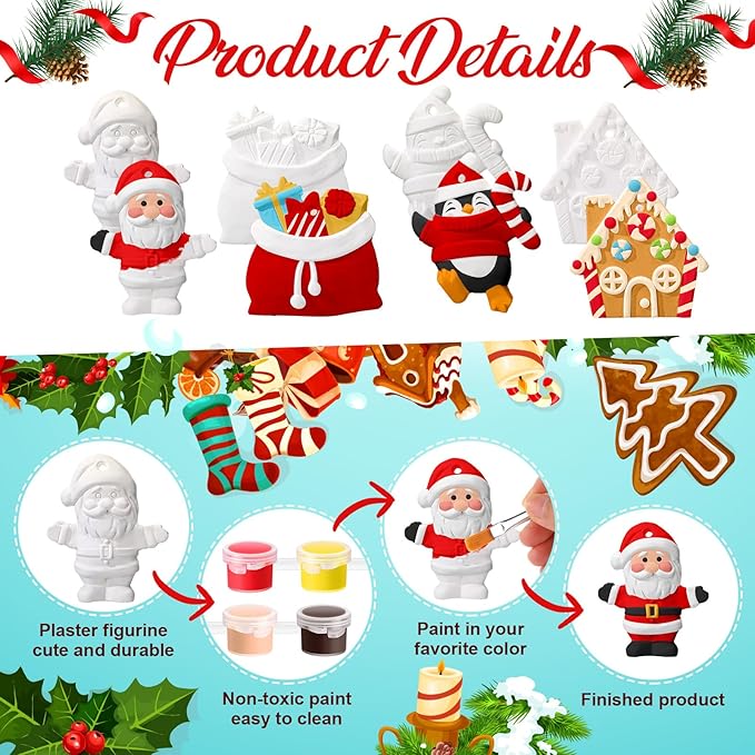 Seenelling 24 Sets Christmas DIY Painting Kits Paint Your Own Ceramics DIY Unpainted Plaster Statues Ready to Paint Ceramics Arts and Crafts with Brush for Christmas Gifts Party Decor(Fashion)