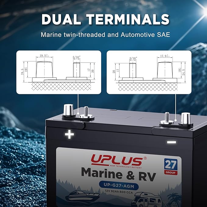 UPLUS BCI Group 27M Dual Purpose Marine Battery, 12V 92Ah 800CCA AGM Starting and Deep Cycle Boat & RV Batteries for Navigation Devices, Lights and Engines