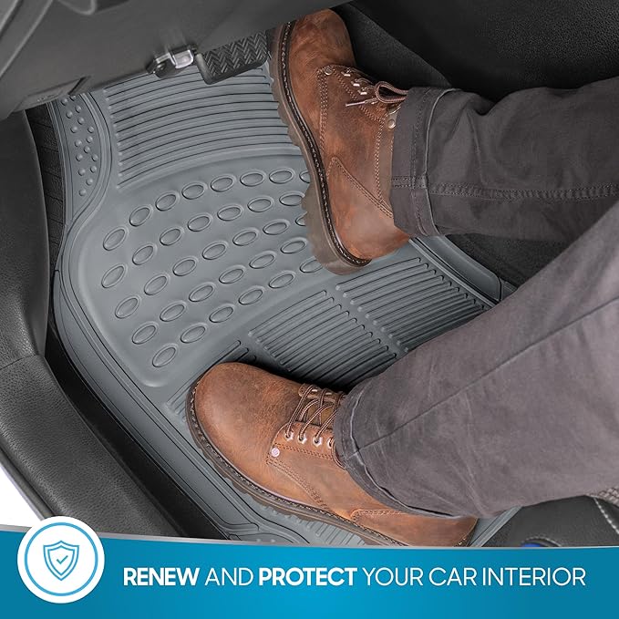 BDK Original ProLiner 3 Piece Heavy Duty Front & Rear Rubber Floor Mats for Car SUV Van & Truck, Gray - All Weather Floor Protection with Universal Fit Design