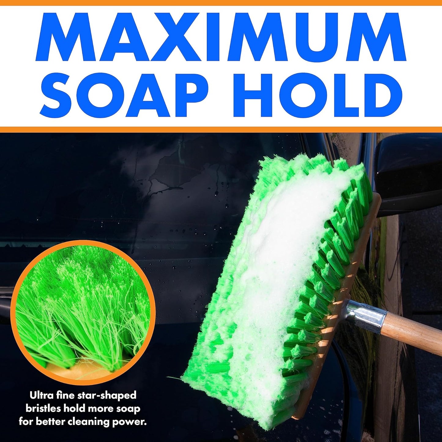 Hub City Industry 10- inch Car Wash Brush, Soft Nylon Bristle, car Accessories, Cleaning Supplies, Automotive wash Brush, Commercial Vehicle Scrub Brush, Flagged Green Poly Bristle