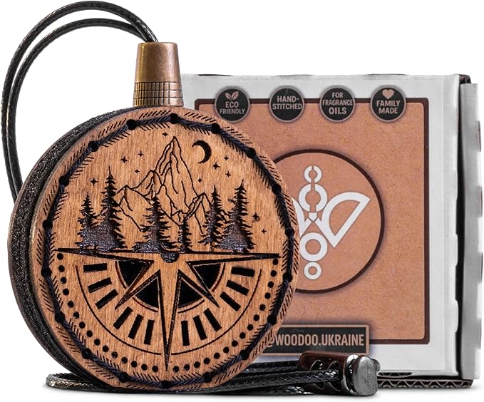 Wood Car Air Freshener — Compass Mountains — Handmade Unscented DIY Essential Oil Hanging Diffuser with Felt Insert — Add Your Own Oils — Refillable — Car/Truck/SUV — Cardboard Box