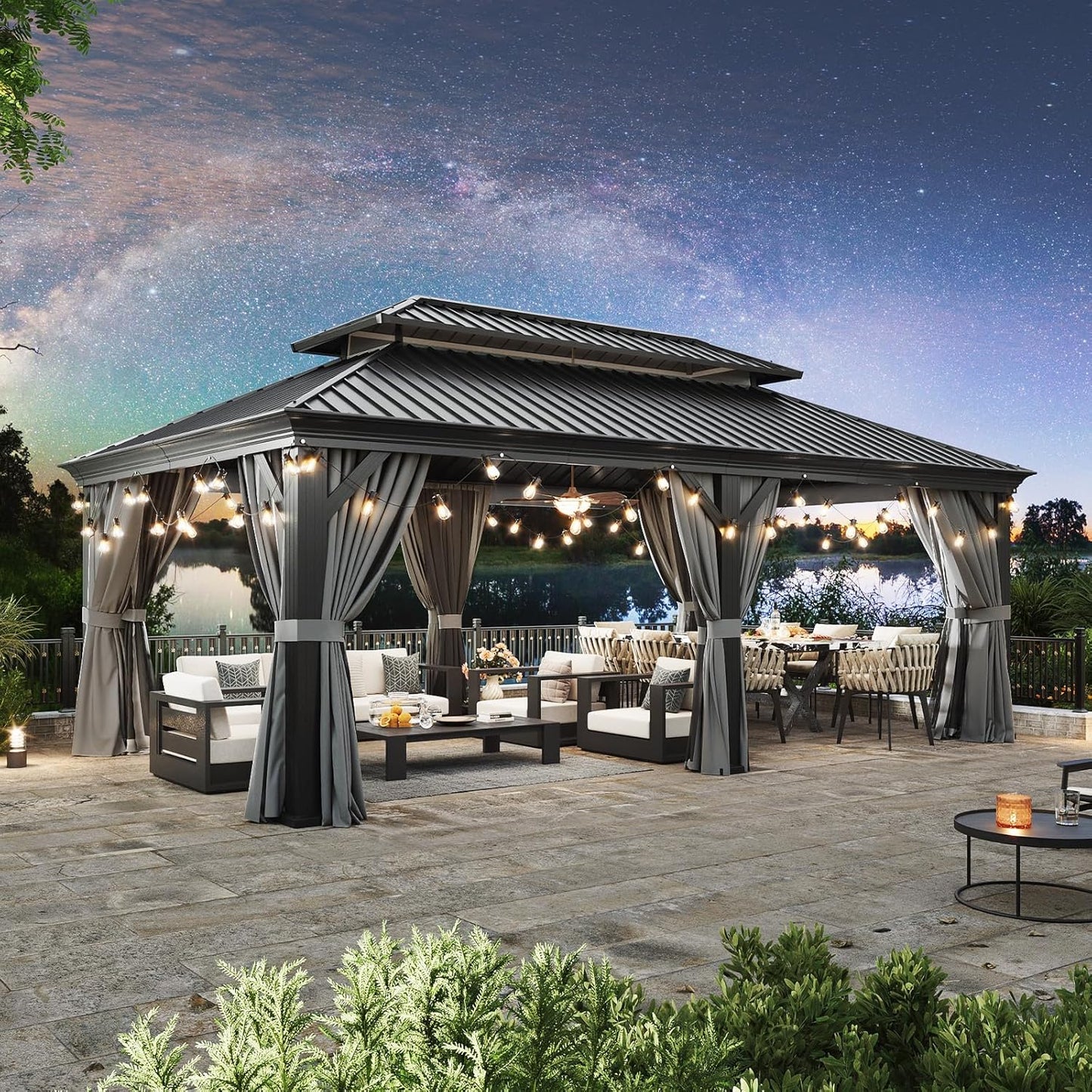 Aoxun 12' X 20' Hardtop Gazebo, Aluminum Outdoor Gazebo with Galvanized Steel Double Roof, Patio Permanent Metal Pavilion with Netting, for Garden, Deck, Grey, Square Foundation