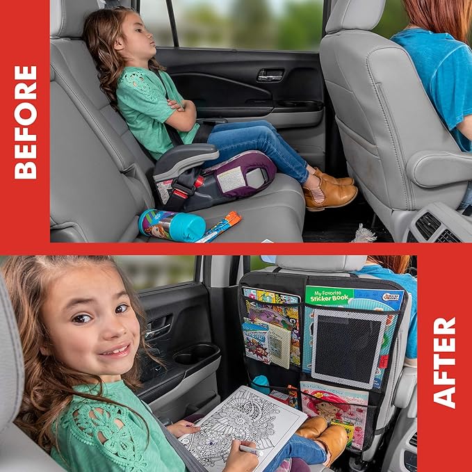 Lusso Gear Kick Mats (2 Pack) - Car Seat Back Protectors, Premium Waterproof Fabric, Reinforced Corners to Prevent Sag, and 4 Mesh Pockets for Large Storage (Tan)