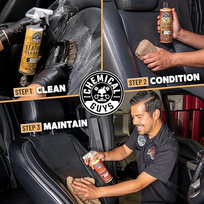 Chemical Guys Leather Cleaner and Conditioner Detailing Kit - Works on Natural, Synthetic, Faux Leather, Pleather, and More for Car Interiors, Apparel, Furniture, Boots, and Accessories - 9 Items