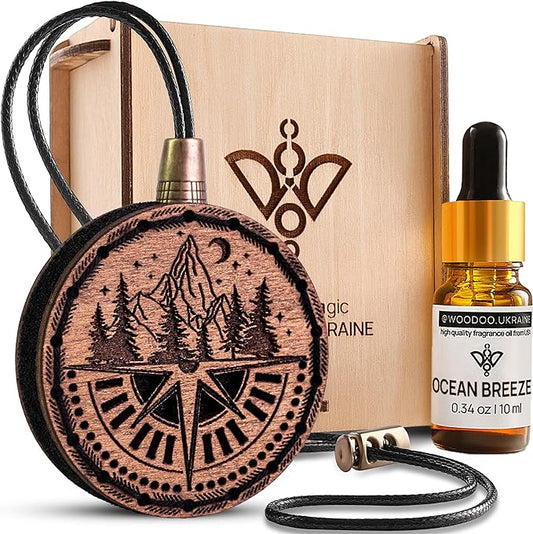 Wood Car Air Freshener — Handmade Car Air Freshener — Compass Mountains Designed Fragrance Oil Diffuser in Wooden Gift Box — Aromatherapy Set with Ocean Breeze Fragrance Oil - 10 ml