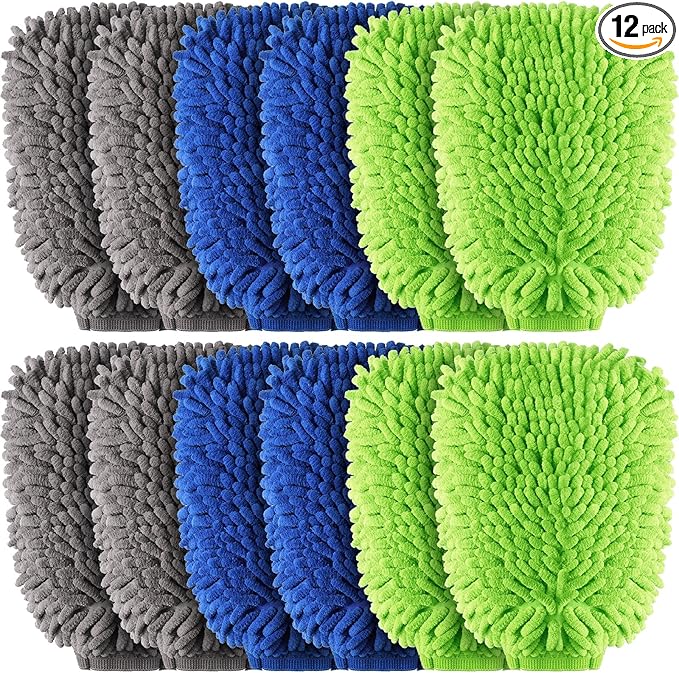 Riakrum 12 Pcs Car Wash Mitts - Chenille Microfiber Mitts Scratch Free Ultra Absorbent Wash Sponge Cloths for Cars, Trucks and Boats - Regular Size, 7.5'' x 10.2''