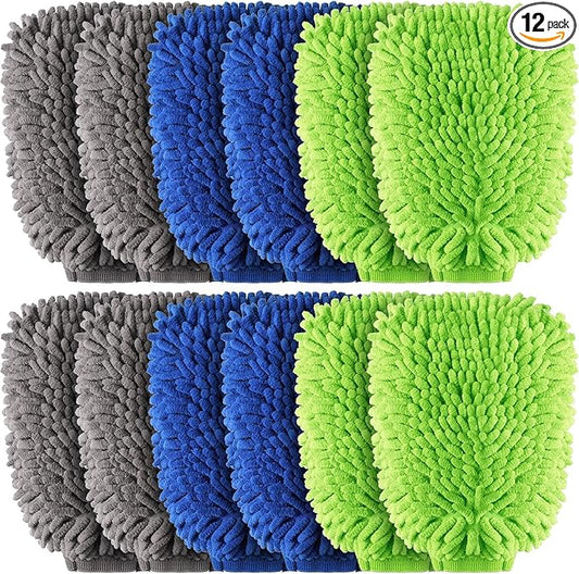 Riakrum 12 Pcs Car Wash Mitts - Chenille Microfiber Mitts Scratch Free Ultra Absorbent Wash Sponge Cloths for Cars, Trucks and Boats - Regular Size, 7.5'' x 10.2''