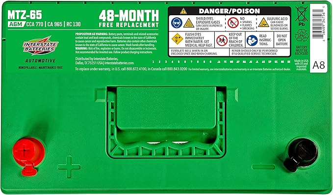 Interstate Batteries Automotive Battery 12V 65Ah 770CCA (MTZ-65) Automobile SLI AGM Starting Replacement Battery (Group Size 65) Cars, SUVs, Sedans, Trucks