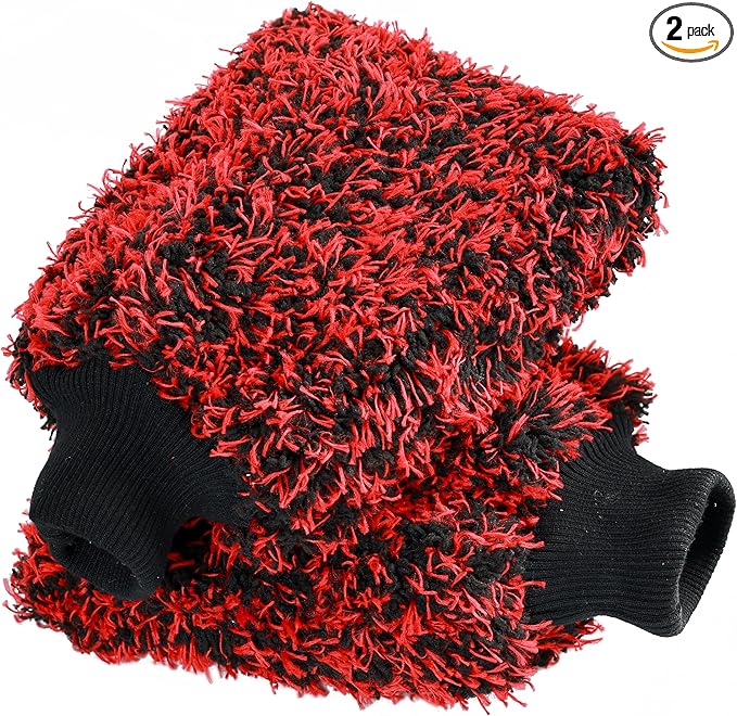 TAKAVU New Car Wash Mitt, 2 Pack Premium Cyclone Microfiber Washing Gloves, Holds Tons of Sudsy Water for Effective Washing, Machine Washable, Lint Free, Scratch Free (Red & Black)