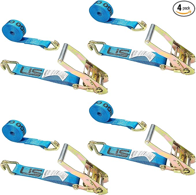 US Cargo Control 2 Inch Wide x 18 Foot Long Ratchet Strap with J Hooks, Blue Weather Resistant Webbing, 3,333 Pound Working Load Limit, 4 Pack