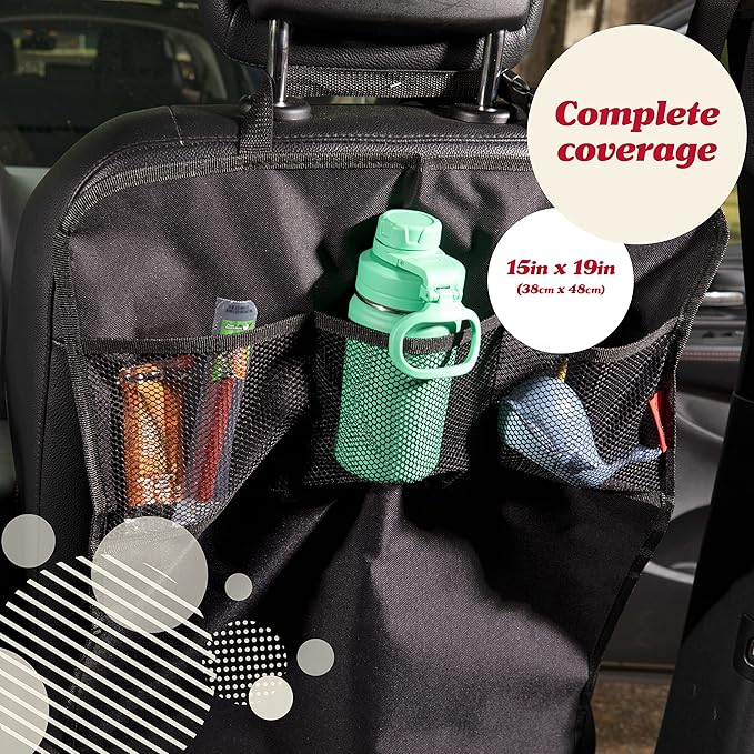 Lusso Gear Seat Back Protector for Kids - 2 Pack, Black, 3 Mesh Pockets - Back Seat Cover & Organizer with Waterproof, Machine Washable Oxford Material