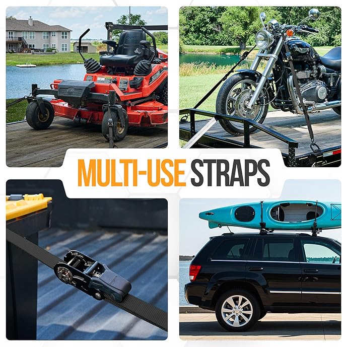 FORTEM Ratchet Straps, Tie Down Strap Set 2300lb Break Strength, 4 Pack 15ft x 1in, 4 Soft Loops, Moving Straps Tie Downs, Cargo Cam Buckles for Trucks, Carry Bag, for Men