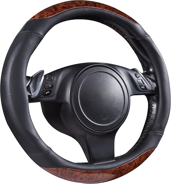 CAR-PASS Wood Grain Microfiber Leather Steering Wheel Cover, 14.5-15 inch Fit for 95% Automotive SUV Truck Sedan, Luxury Premium Rubber Perforated Leather, Non-Slip, (Black)