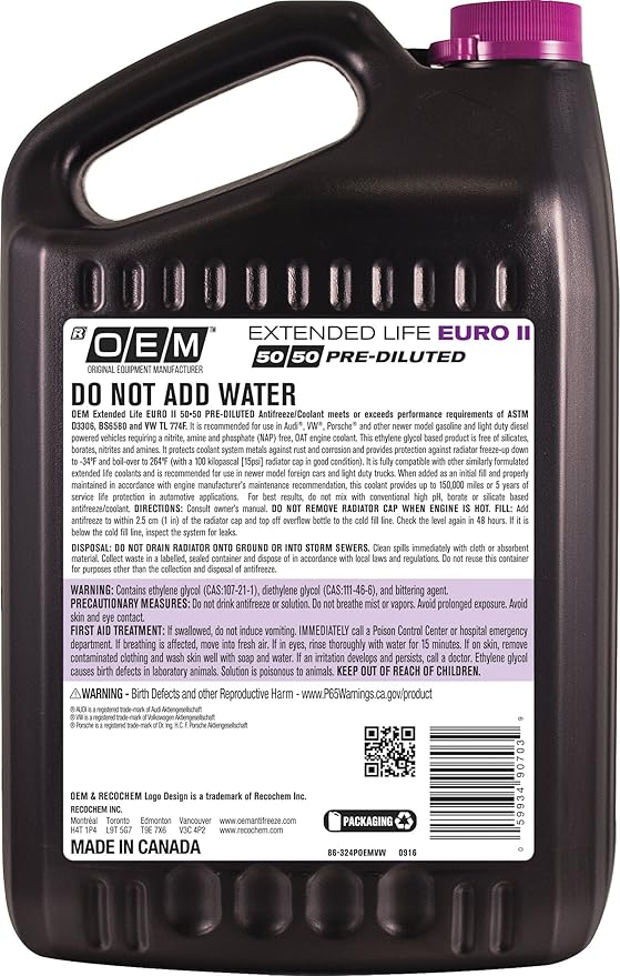 OEM Recochem European Vehicles Premium Antifreeze 50/50 Extended Life Coolant Purple, 1 Gallon, 4 Pack
