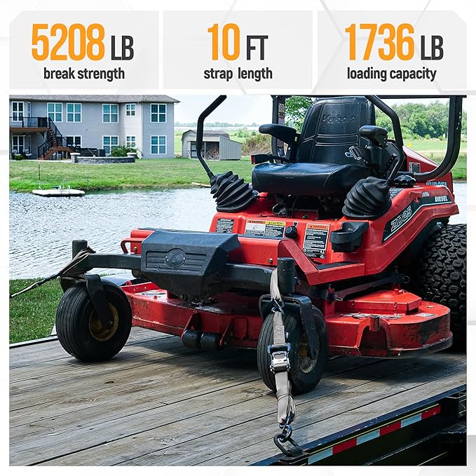 FORTEM Ratchet Tie Down Straps, 5208lb Break Strength, 4 Pack 10ft x 1.5in Heavy Duty Straps, 4 Soft Loops, Cam Buckles for Motorcycles, Safety Lock S Hooks, Carry Bag