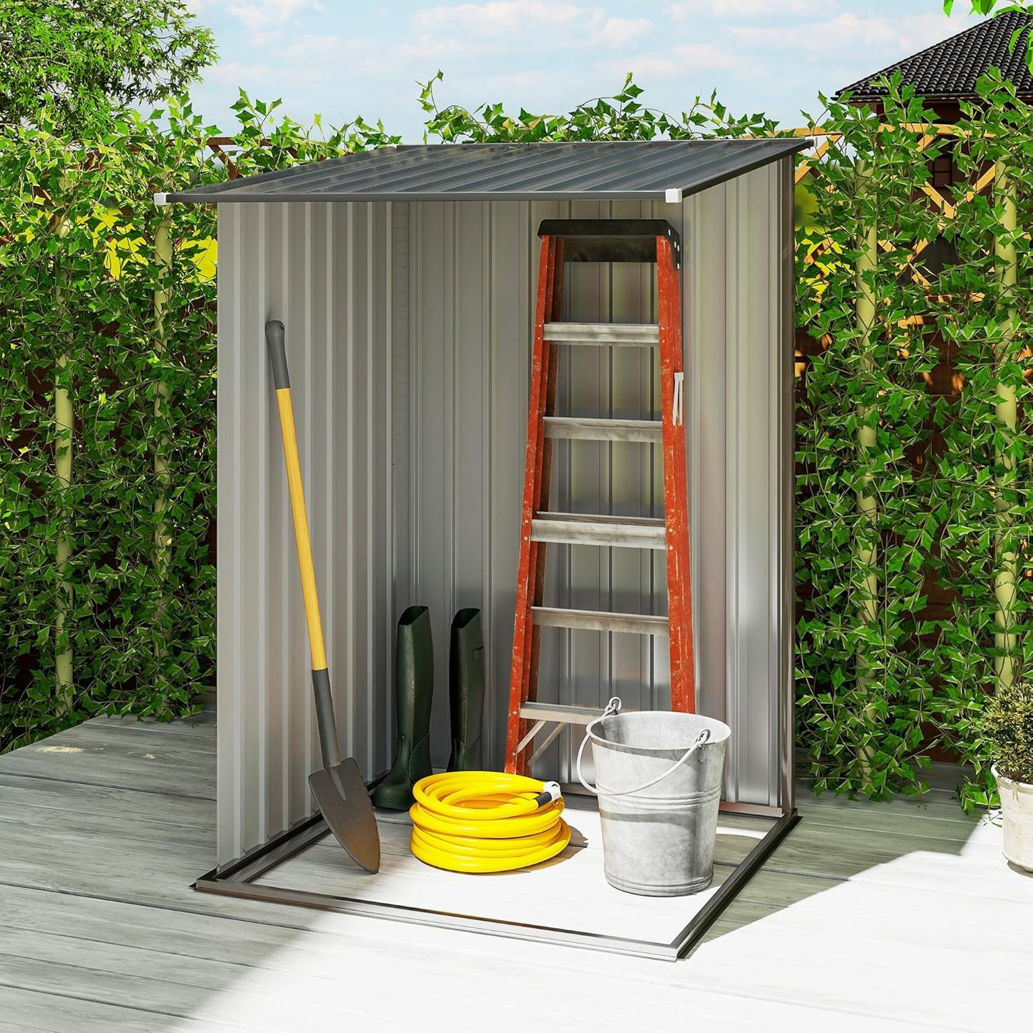 Outsunny 3.3' x 3.4' Outdoor Storage Shed, Metal Garden Tool House with Sloping Roof and Lockable Door for Backyard, Bike, Patio, Garage, Lawn, Brown