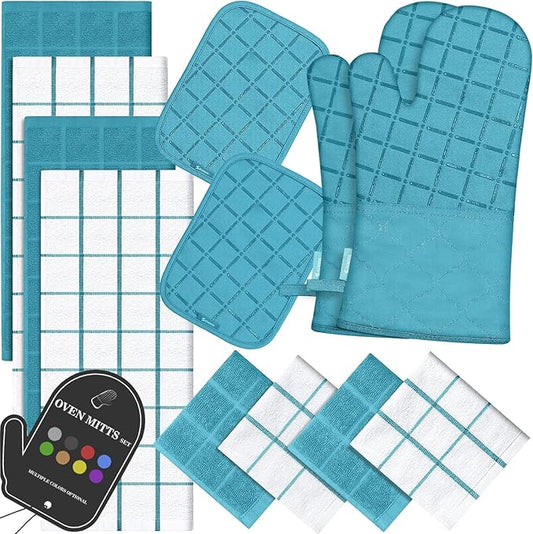 Oven Mitts Kitchen Towels and Dishcloths Pot Holders Sets, Oven Gloves Kitchen Dish Towels 500 Degree Heat Resistant Potholders with Non-Slip Silicone Surface for Cooking, Grilling, Baking-Blue