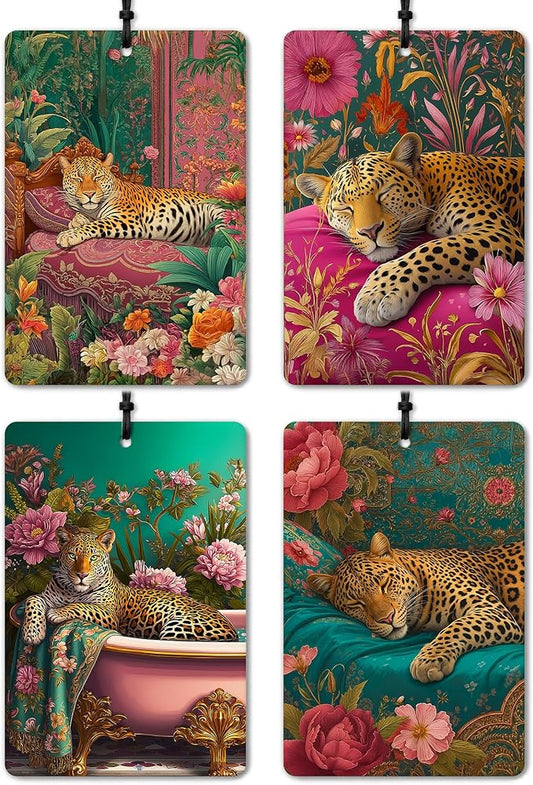 Retro Trendy Leopard Car Air Freshener 4 Pcs, Maximalist Wild Animal Floral Botanical Hanging Air Freshener for Cars Closet Drawer Books Bathroom, Cute Girly Car Accessories for Women