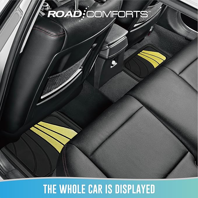 Road Comforts Car Floor Mats Full Set – Front & Rear Car Floor Mats with Aluminum Design, Anti-Slip Backing, All-Weather Protection, Trim-to-Fit Car Mats for Most Sedans, SUVs & Vans - Yellow