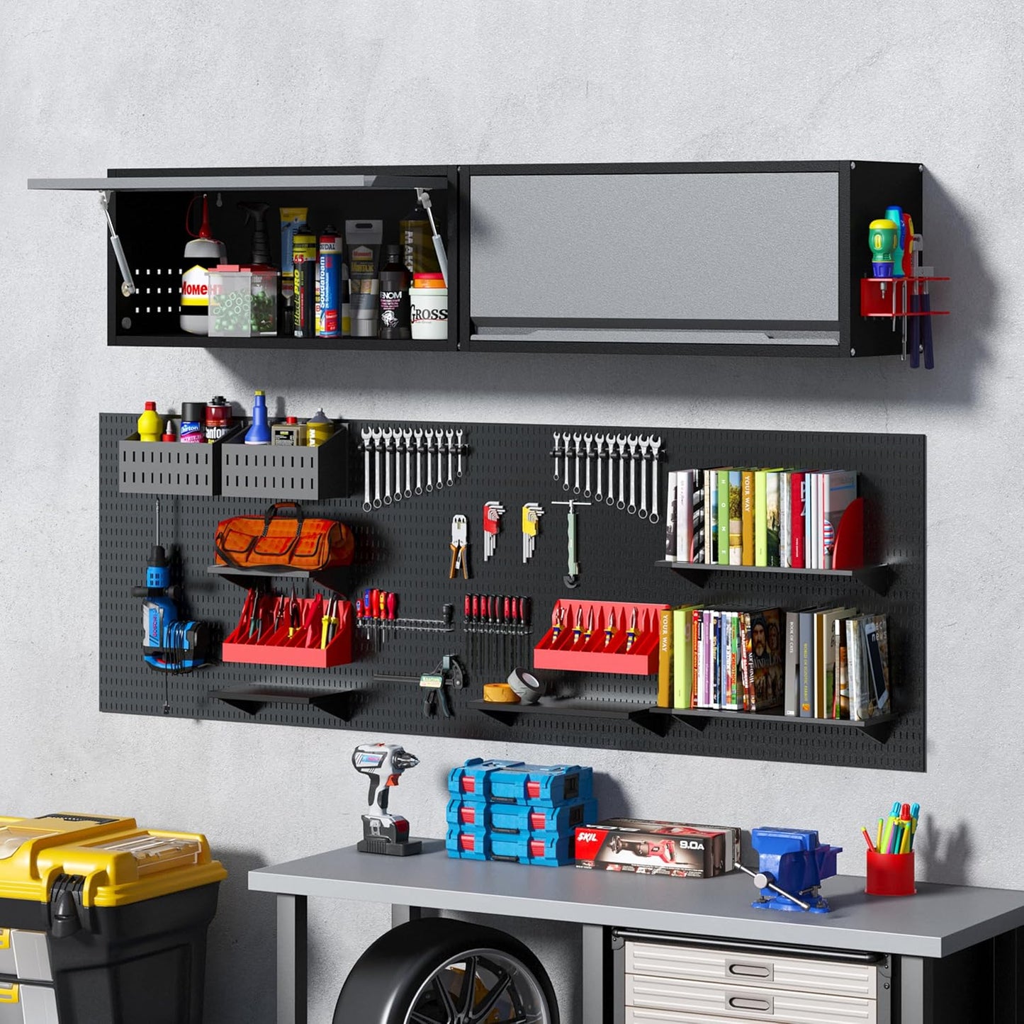 Metal Garage Wall Cabinet with Doors Side with Holes,13.8" H 1 Door Small Wall Hanging Tool Chest Cabinet,Garage Storage Cabinet for Garage, Basement, Kitchen, Warehouse,Office, Bathroom-Black Gray