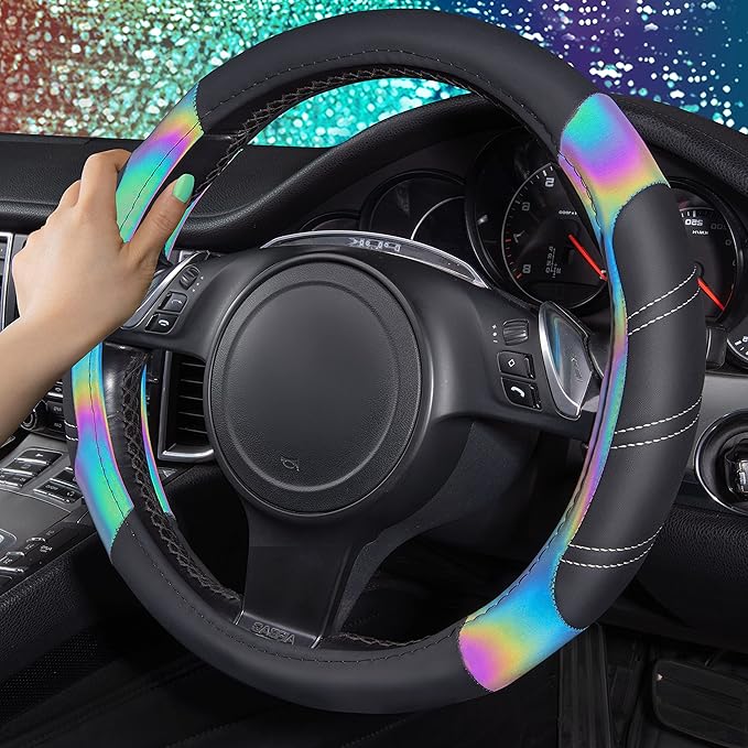 CAR PASS Line Rider Microfiber 13.5-14 Inch Leather Sporty Steering Wheel Cover Universal Fits for 95% Truck,SUV,Cars, Anti-Slip Safety Comfortable Desgin (Black Reflective)