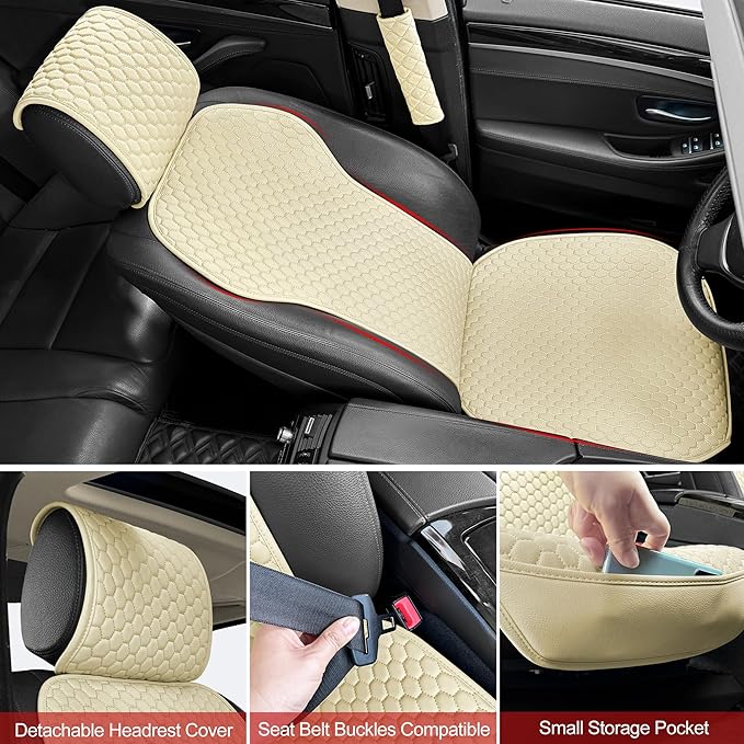 ENOGE 2 PCS Leather Car Seat Covers Front Seats Universal Sideless Seat Covers with Seat Belt Covers and Storage Pocket Waterproof Car Seat Protectors for Cars, SUV, Trucks (Beige)