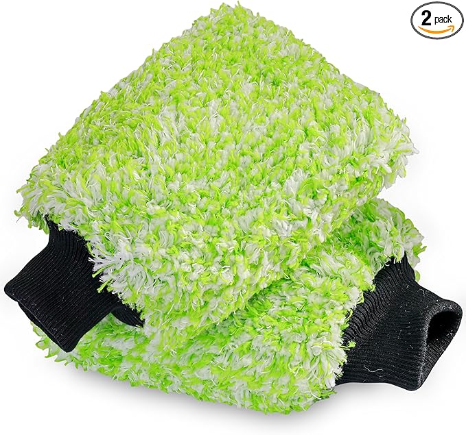 TAKAVU New Car Wash Mitt, 2 Pack Premium Cyclone Microfiber Washing Gloves, Holds Tons of Sudsy Water for Effective Washing, Machine Washable, Lint Free, Scratch Free (Green & White)