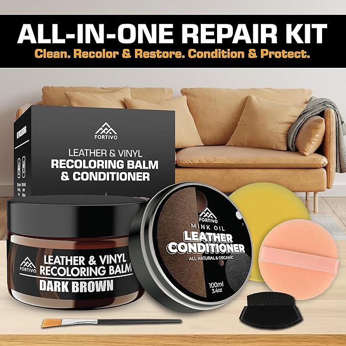 FORTIVO Leather Recoloring Balm with Mink Oil, Couch Repair Kit, Leather Dye and Restorer for Furniture