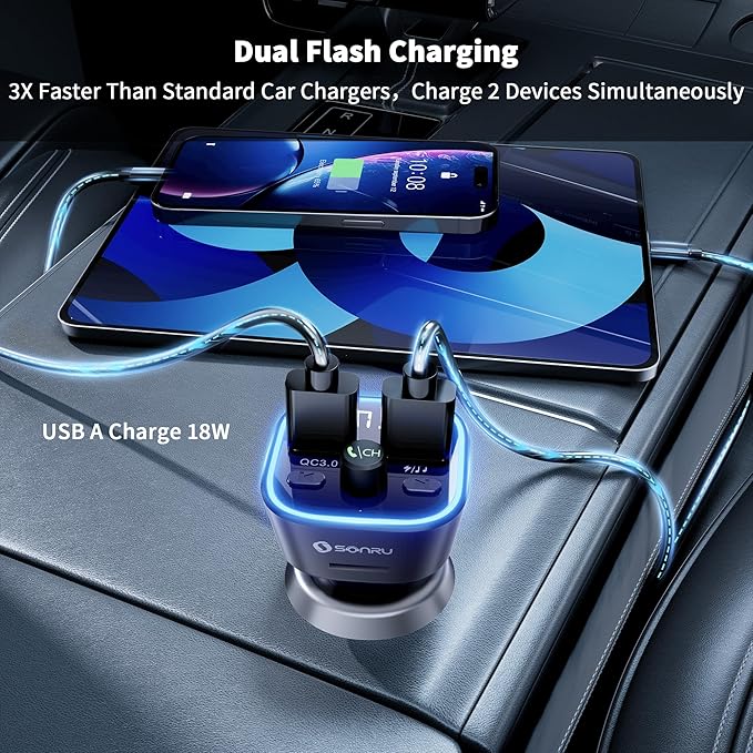 SONRU Bluetooth 5.3 FM Transmitter, Wireless Radio Adapter Car Kit, Audio Receiver Car Charger, Wireless FM Radio Transmitter, Hands-Free Calling and 2 USB Ports Charger, HiFi Treble & Bass Player