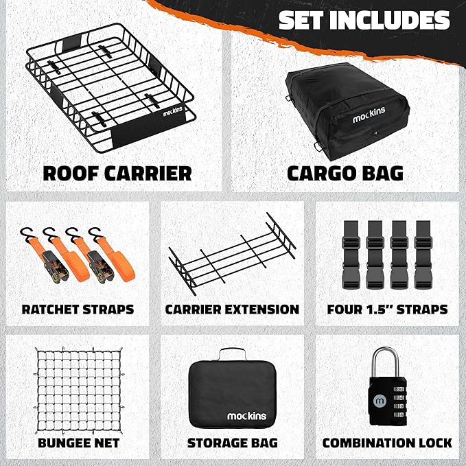 Mockins 64"x39"x6" Extendable Car Roof Rack Basket & 16 CuFt Waterproof Car Rooftop Cargo Carrier Bag | 250 Lbs. Cap Steel Roof Rack Cargo Carrier for Top of Vehicle with Rooftop Basket Accessories