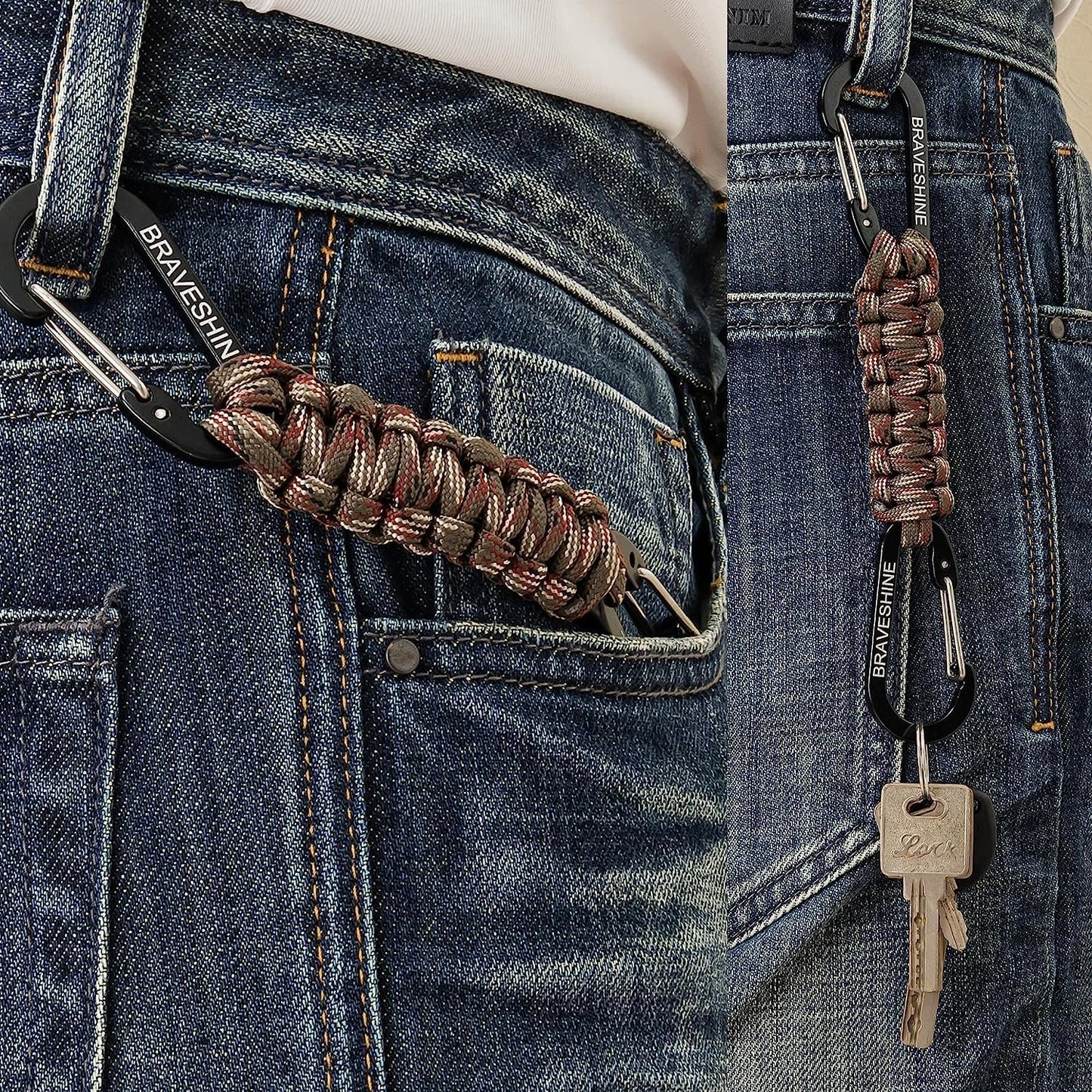 BRAVESHINE Paracord Keychain Carabiner Clip, D Ring Lanyard Hanger Stroller Hook for Water Bottle, Key, Backpacks, Men, Women