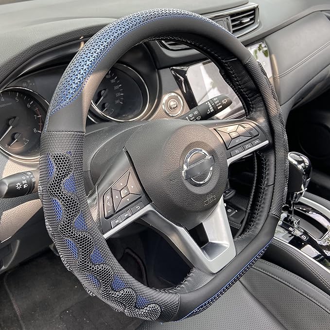 PINCTROT D Shaped 14.5-15 Inch Steering Wheel Cover Great Grip with 3D Honeycomb Anti-Slip Design, Flat Bottom 14.5-15 Inch (Blue)