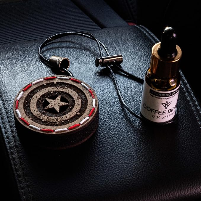 Wood Car Air Freshener — Handmade Car Air Freshener — Captain Shield Designed Fragrance Oil Diffuser in Wooden Gift Box — Aromatherapy Gift Set with Coffee Beans Fragrance Oil - 10 ml