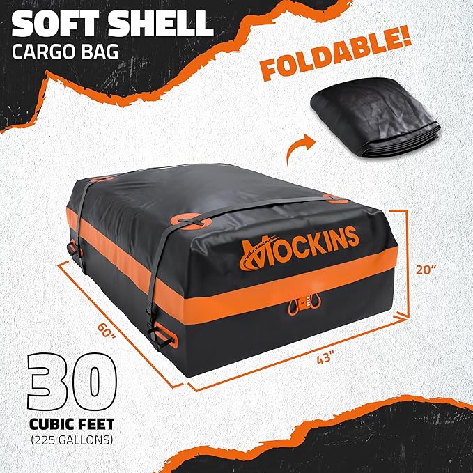 Mockins 30 Cu.Ft. All-Weather Rooftop Cargo Carrier Bag | 60"x43"x20" Soft-Shell Vinyl Car Top Carrier Without Roof Rack | Roof Cargo Bag for Top of Car, SUV, Truck & Large Vehicles w/Accessories