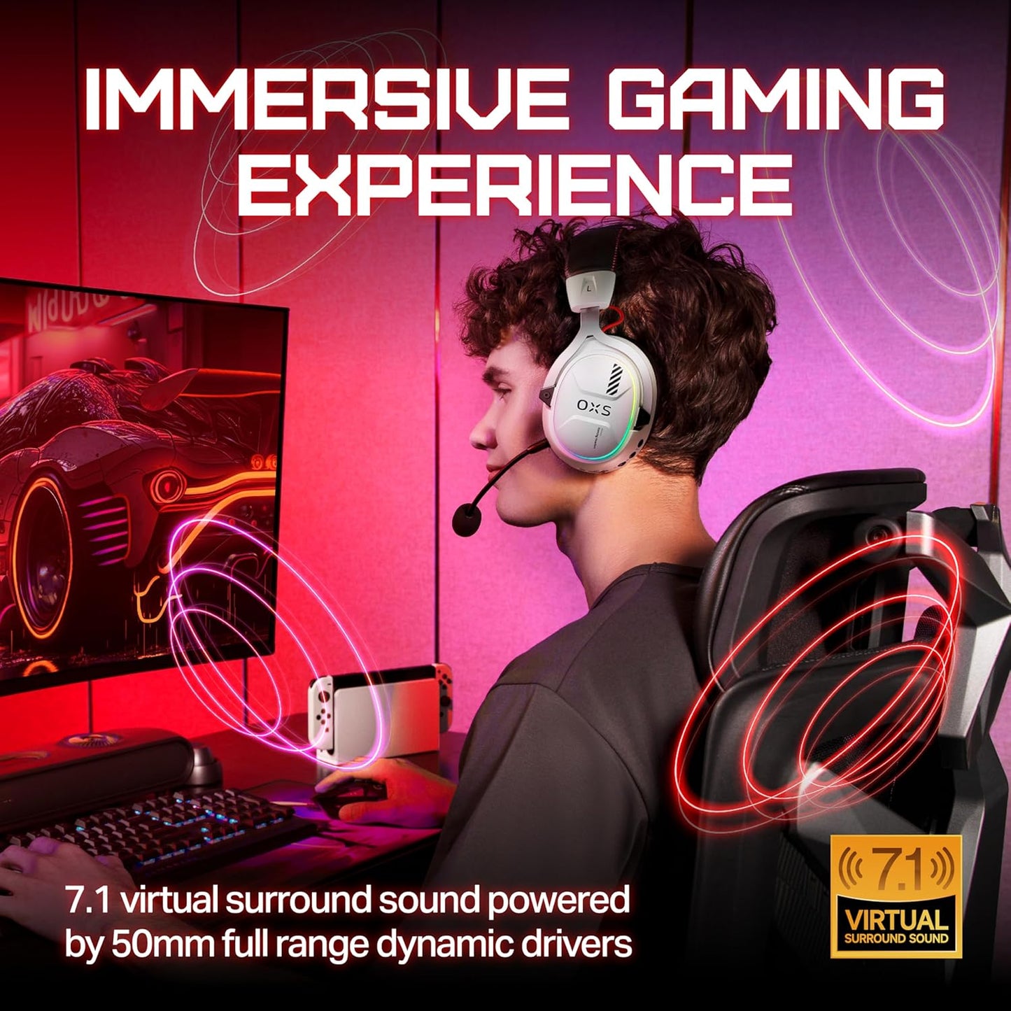 OXS Storm G2 Wireless Gaming Headsets, 7.1 Virtual Surround Sound, 3 EQ Modes, 2.4G Low Latency, 50mm Driver, 40H Playtime, RGB Light, Bluetooth 5.3, Compatible with PC, Console, Mobile, White