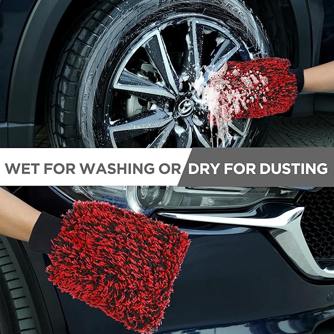 TAKAVU New Car Wash Mitt, 2 Pack Premium Cyclone Microfiber Washing Gloves, Holds Tons of Sudsy Water for Effective Washing, Machine Washable, Lint Free, Scratch Free (Red & Black)