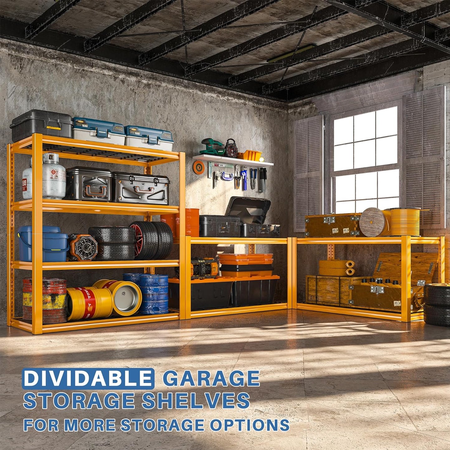 REIBII 40" W Garage Shelving Heavy Duty Metal Shelving 2200LBS Storage Shelves 4 Tier Garage Shelves Adjustable Metal Shelf for Warehouse Basement Pantry Kitchen, Orange, 2 Pack