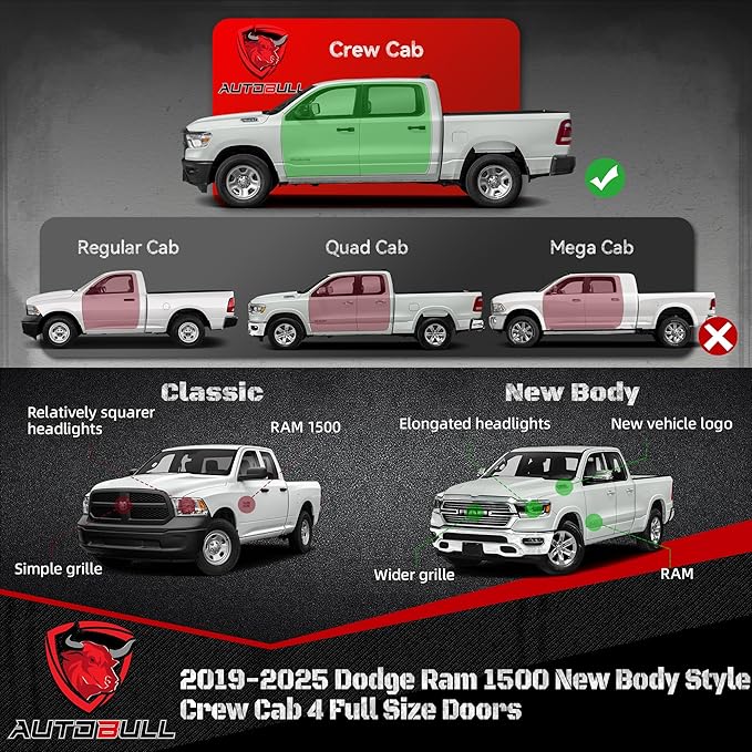 6 Inches Running Boards Side Steps Compatible with 2019-2025 Dodge Ram 1500 New Body Style Crew Cab 4 Full Size Doors, Black Textured Aluminum Nerf Bars