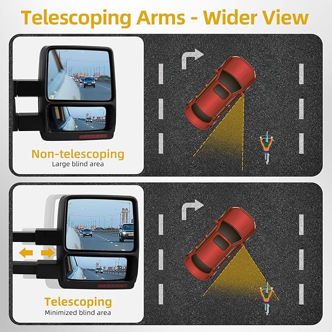 DWVO Towing Mirror Compatible with 2007-2014 Ford F150 Series Pickup Mirrors, Power Heated LED Signal Puddle Light Manual Telescoping (a Pair)