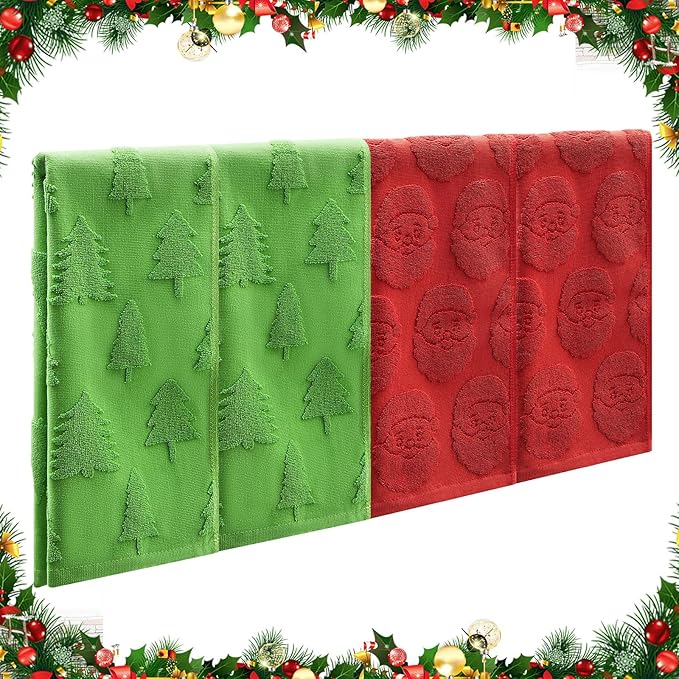 4 Pack Christmas Hand Towels Red Green Holiday Bathroom Face Towels Absorbent 100% Cotton with 3D Jacquard Santa and Christmas Tree Pattern for Decorative Xmas Gift